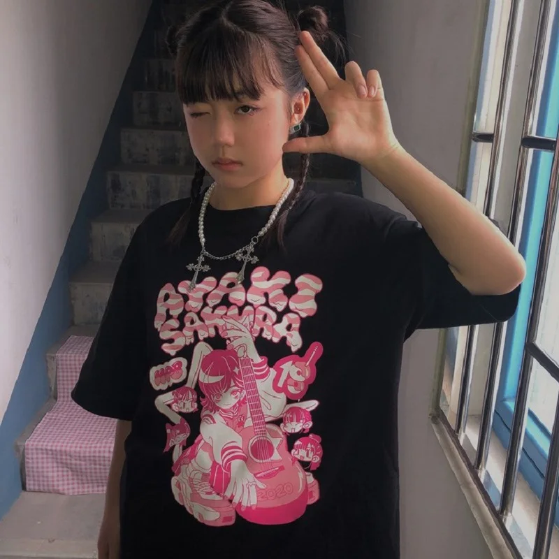 Drak Kawaii одежда Japaneae E-girl укороченный топ с принтом гитары в стиле Харадзюку летние