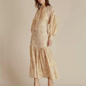 

New v neck aristocratic temperament of French stitching bud silk cultivate morality long dress is female