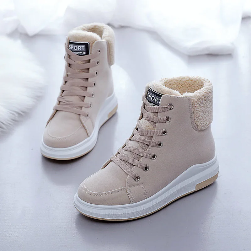 Botas de nieve de felpa para mujer, zapatos informales cálidos de piel,  botines de plataforma con suela gruesa y cordones, color beige,  Invierno|Botas de nieve| - AliExpress