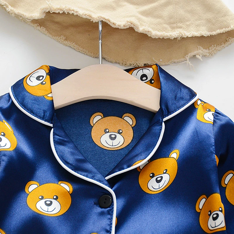 DIIMUU Spring Fashion Children's Sleepwear Sets Kids Clothes Toddler Boy Girl Ice Silk Satin Long Sleeve Tops Pants Set Pajamas