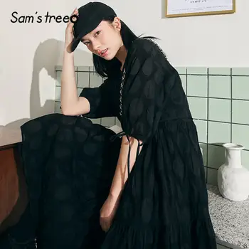 

SAM'S TREE Black Solid Irregular Lace Up Casual Women Chiffon Dresses 2020 Summer Vintage Korean Ladies Multi-Layer Daily Dress