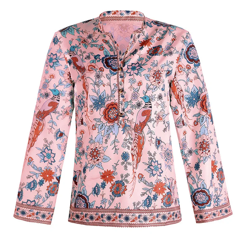 Женские топы и блузки размера плюс, Boho, с принтом павлина, свободная одежда, на пуговицах, с длинным рукавом, винтажные женские рубашки, 3XL 4XL 5XL