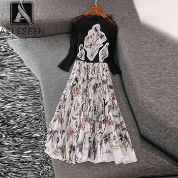

ALESEEN Runway Fashion Spring Summer Dress Women 2020 High Quality Long Sleeve Lace Flower Print Bohemian Party Long Dress