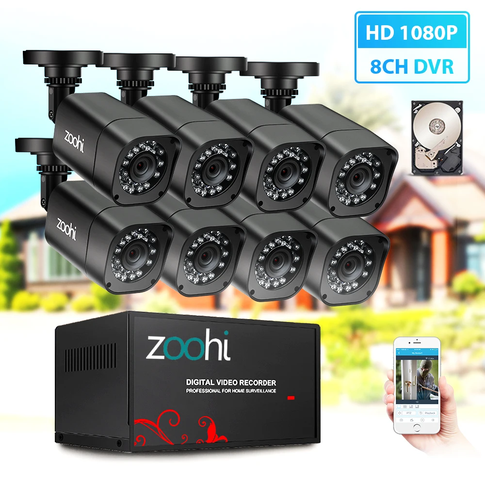 

Zoohi Security Camera System DVR Kit AHD CCTV System 8CH 720P/1080P Camera Waterproof Outdoor home Video Surveillance System