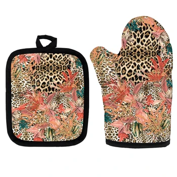 

Leaves Leopard Printting Oven Mitts Kitchen Baking Antiscalding Gloves Potholder Pad Oven Microwave Insulation Mat Set of 2