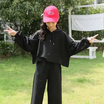 

Fashion Pink/Black Color Spring Casual New Kids Baby Girls Clothes Long Sleeve Pullover Solid Color Tops +Pant 2Pcs Outfits