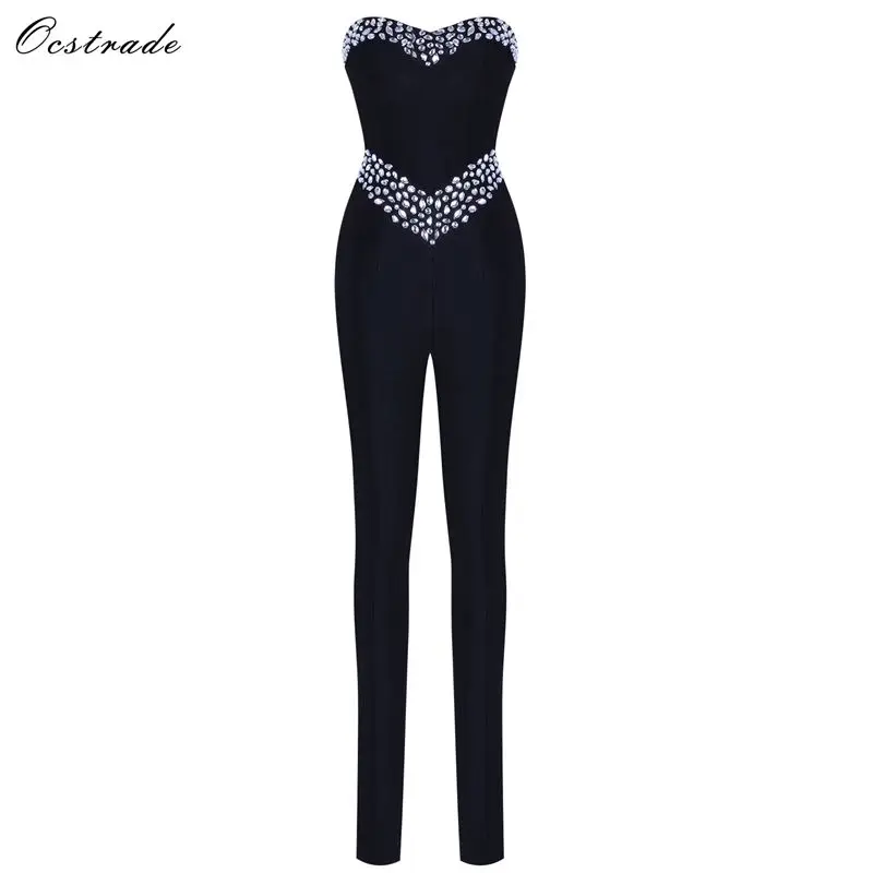 

Bandage Jumpsuit 2019 New Arrivals Beaded Women Black Bandage Jumpsuit Rayon Sexy Strapless Bodycon Bandage Jumpsuits