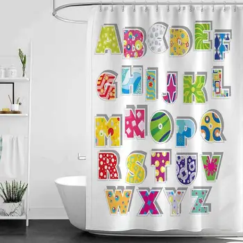 

Shower Curtains red and Blue Letters,Full Set of Alphabet with Various Designs Abstract Dots Squares Splashes Pattern,Multicolor