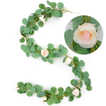 

1pcs 2m Pink White Rose Eucalyptus Rattan Romantic Artificial Rattan Leaves Vines Garland Wedding Backdrop Arch Wall Decoration