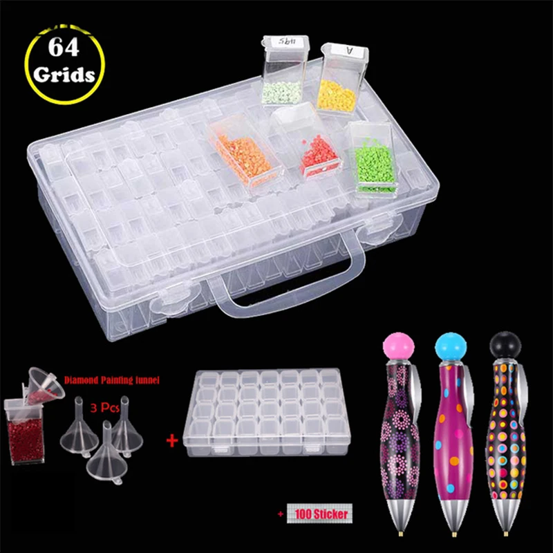 

New 64-Slot Transparent Plastic Storage Box Tool Jewellery Pill Case Diamond Painting Rhinestone Needle Embroidery Beaded Tools
