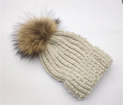 Winter Women's Nature Raccoon Fur Pom Pom Knitted Beanies Rhinestone Beads Pearl Skullies Girls Real Fur Knit Caps  Bonnet Hat 5