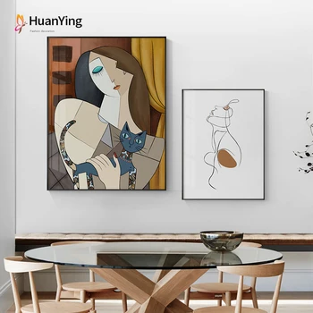 

Modern Abstract Figure Canvas Painting Home Decor Woman W Cat Art Life Poster and Print Wall Picture for Living Room Dining Room
