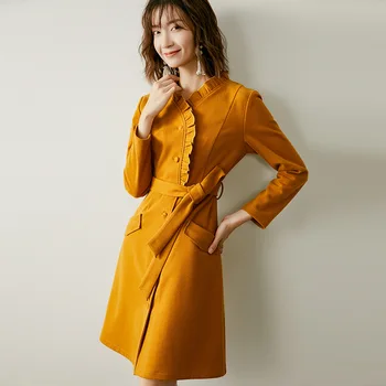 

Ellacey 2019 Autumn Winter New Boutique Dress Fashion Women's V-neck Long Sleeved Dress Female Ruffles Single Breasted Dress