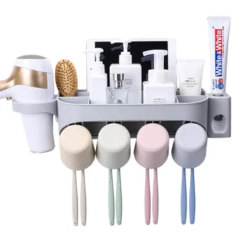 

Wall Mounted Bathroom Toothbrush Storage Rack Punch Free Hair Dryer Toothpaste Shelf Multifunction Bathroom Organizer