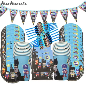 

81/102pcs Cartoon Super Hero Theme Batman Iron Man Disposable Party Tableware Set Cup Napkins Plate Baby Shower Party Supplies