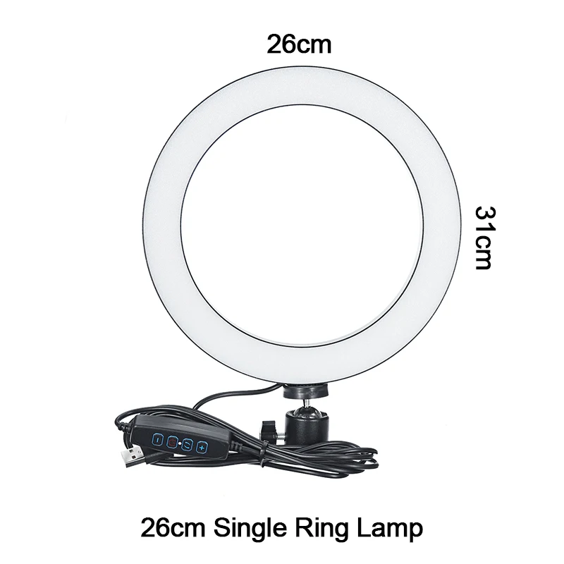 Светодиодный кольцевой светильник для селфи с регулируемой яркостью для фотосъемки 3500-5500 k, лампа для фотостудии с держателем для телефона, usb-разъем, штатив, заполняющий светильник s - Цвет абажура: 26cm single light
