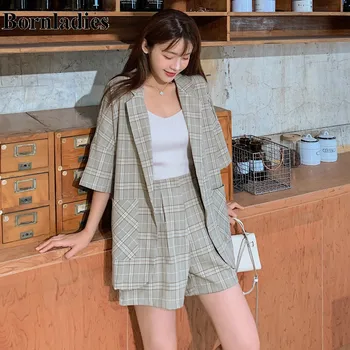 

Bornladies New Arrival Plaid Printed 2 Half Sleeve + Short Pants Blazer Sets for Women Office Work Wear Summer Streetwear