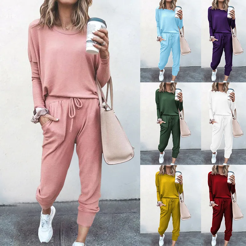 

2 Piece Set Women Sweater,2020 New Cotton Loose Casual Pullover,Fashion Long Sleeve Solid Color Sports Suit Homewear Streetwear