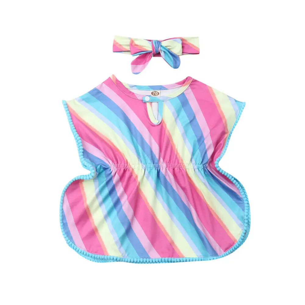 

Toddler Kids Baby Girl Rainbow Summer Beach Dress Bikini Cover Up Headband Pool Beach Wear Cover Up Kids Dress Top Blouse