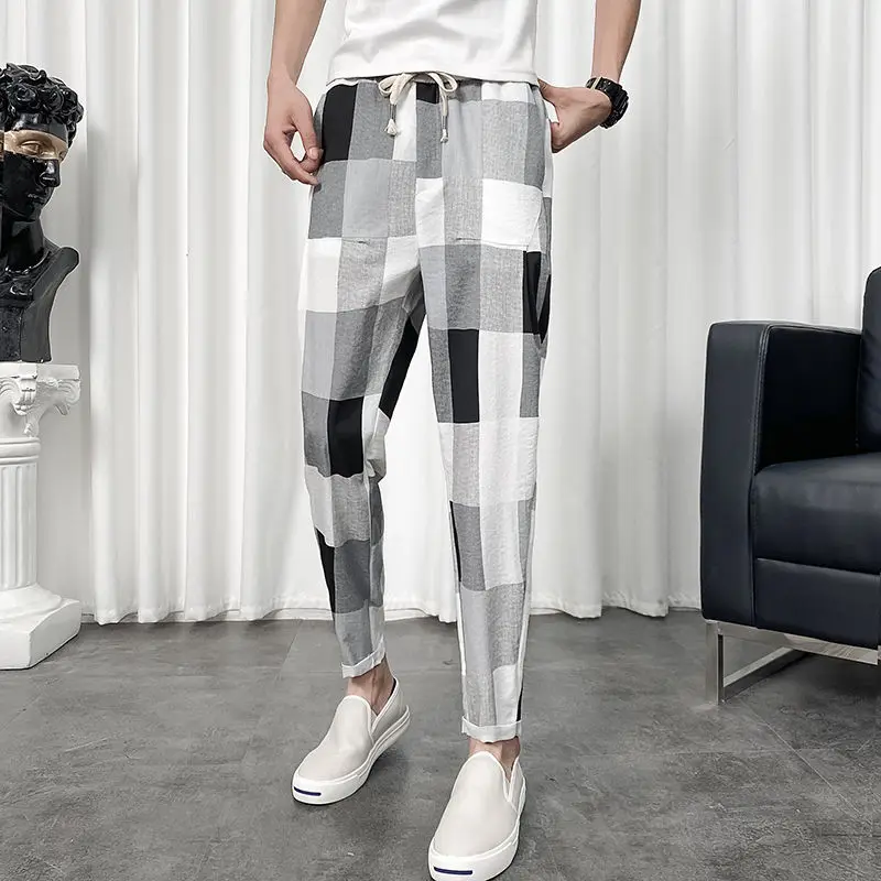 

Spring Summer Plaid Pants Men's Fashion Hit Color Retro Casual Pants Men Streetwear Wild Drawstring Loose Harem Pants Mens