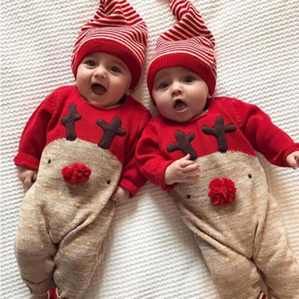 Рождественская одежда с оленем для новорожденных комбинезон+ шапочка, комплект одежды красная модная одежда с длинными рукавами и круглым вырезом для маленьких мальчиков и девочек