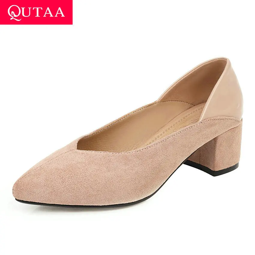 

QUTAA 2020 Flock PU Leather Patchwork Fashion Women Pumps Pointed Toe Square Heel Concise Slip on Women Single Shoes Size 34-43