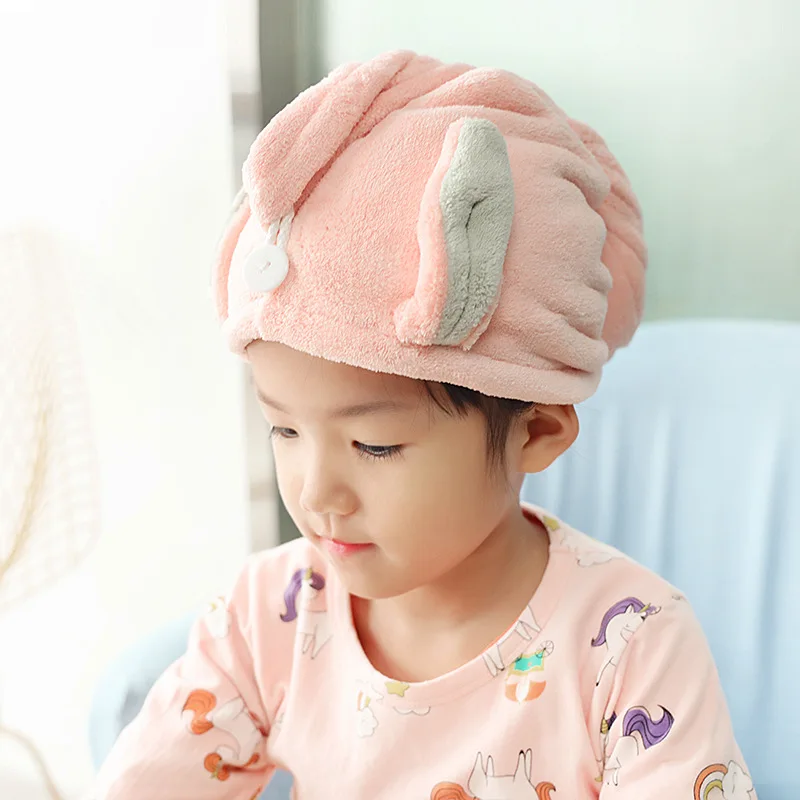 

Microfiber Soft Rapid Drying Hair Towel Wrap for Kids, Cute Rabbit Image, Wrapped Quick-Drying Towel, Button Shower Cap