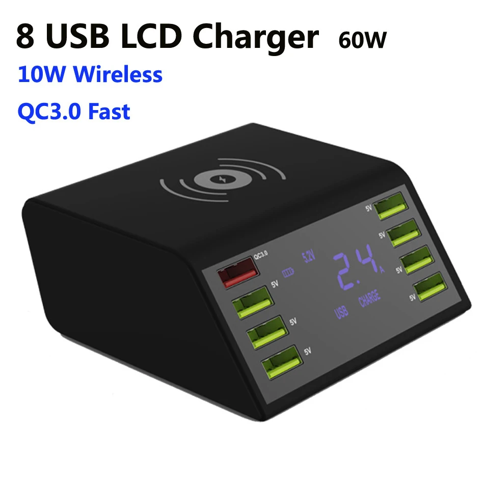 LCD Display QC 3.0 Fast Charger Station 8 Port Charging Dock With 10W Wireless Charger For Mobile Tablet Smart Device