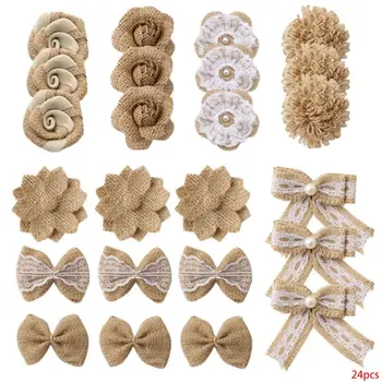 

24Pcs Burlap Flowers 8 Styles Handmade Rustic Bowknot with Imitation Pearls for DIY Craft Bouquets Home Wedding Christmas Decor
