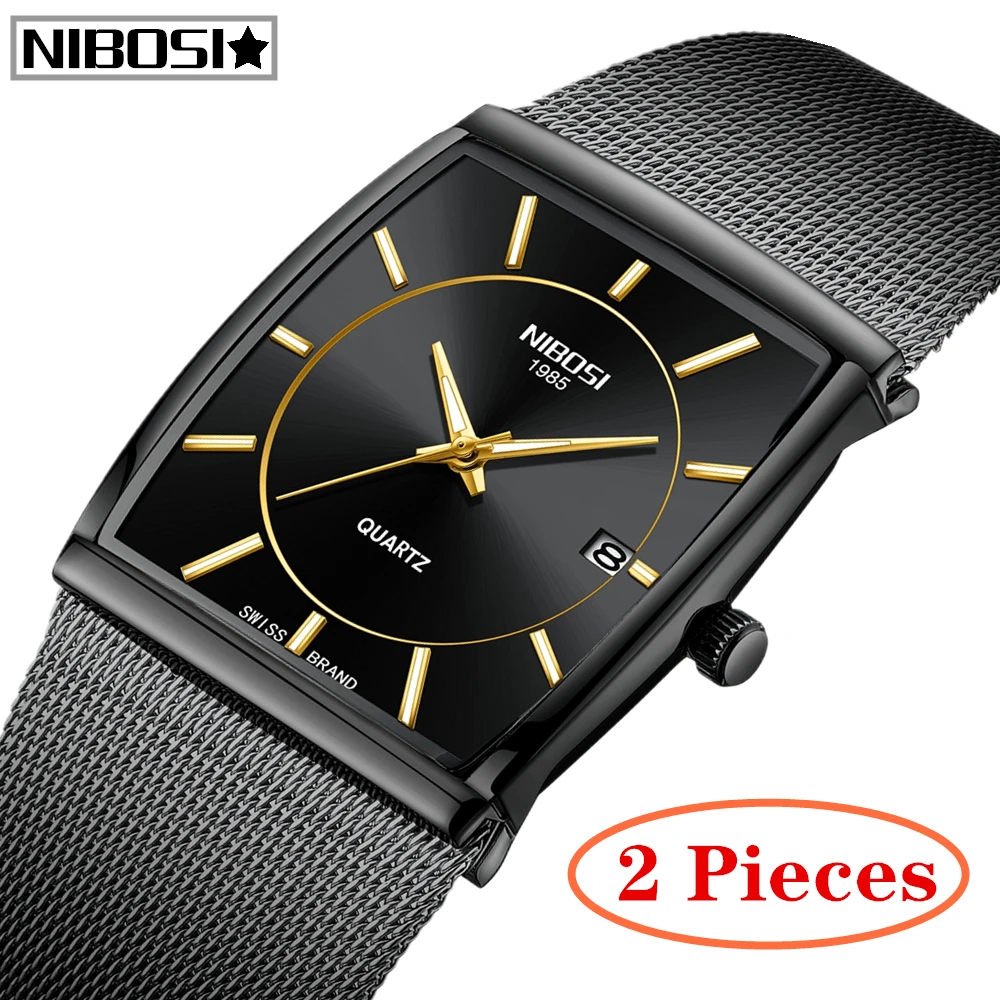 

2Pcs NIBOSI Fashion Men Watch Top Brand Luxury Quartz Watch Mesh Band Watch Men Waterproof Sport Chronograph Relogio Masculino