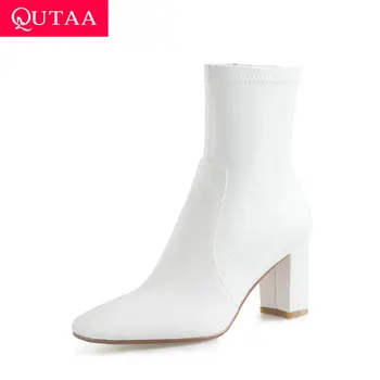 

QUTAA 2021 Patent Leather Autumn Winter Ankle Boots Square Toe Zipper Women Shoes Fashion Square High Heel Short Boots Size34-43