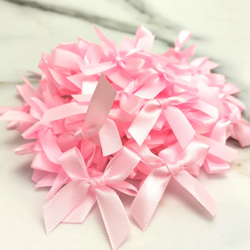 (200 Pcs) 4cm*4cm Fresh Pink Ribbon Bows Small Size Polyester Satin Ribbon Bow Flower DIY Craft Decoration