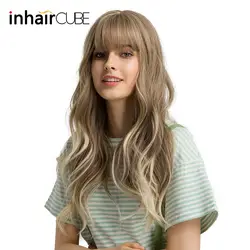 Inhaircube 24 ''Женские синтетические парики длинные волнистые Омбре коричневый блондин с пушистыми воздушными челками светлые волосы