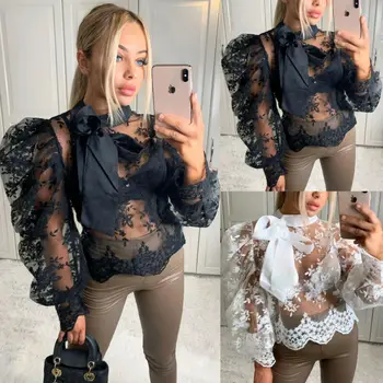 

Women's Crochet Sheer Mesh Long Puff Sleeve Shirt Tops Loose Casual Blouse Cover Ups Beachwear
