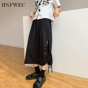 

High Elastic Waist Black Drawstring Hollow Out Pleated Half-body Skirt Women Fashion Tide New Spring Autumn 2020 T414