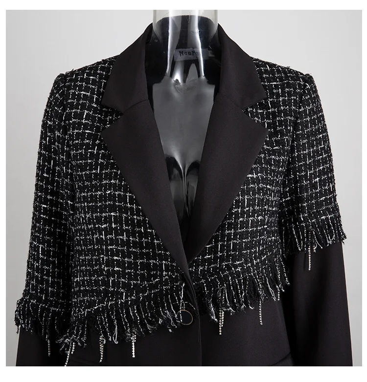 irregular Jacket stitching fake two long sleeves hem fringe tassel suit female