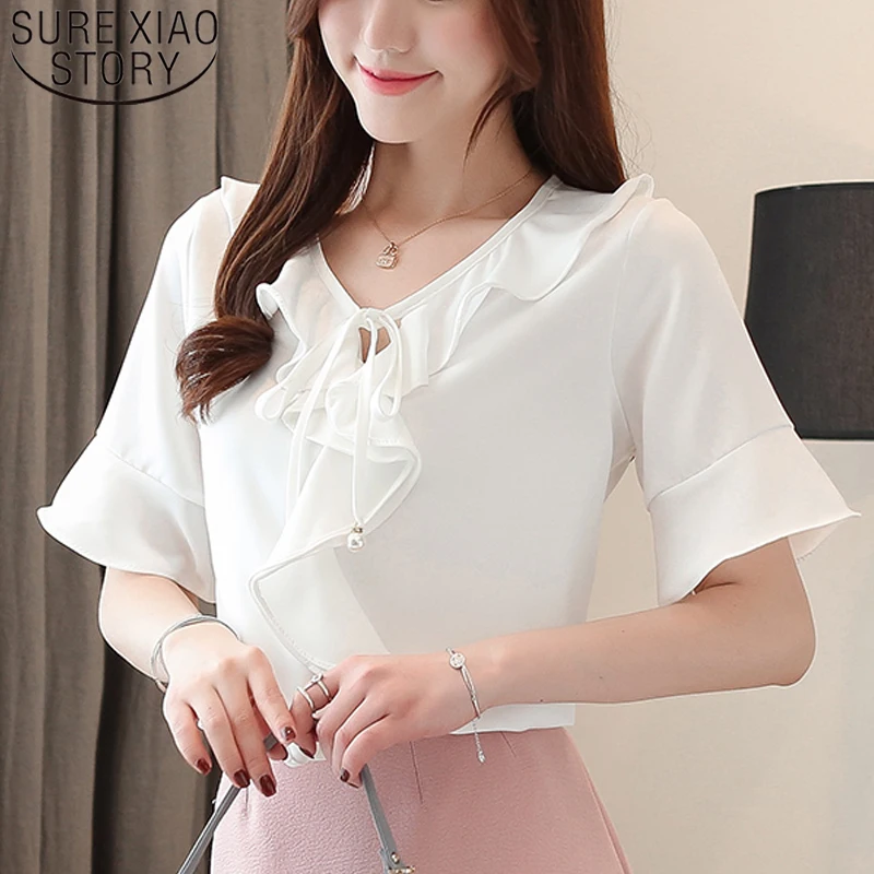 

Elegant Blusa Verano Mujer Summer Short Sleeve New Style Solid Chiffon Flounced Bow Loose-Fit Women Blouse Feminine Tops 8639 50