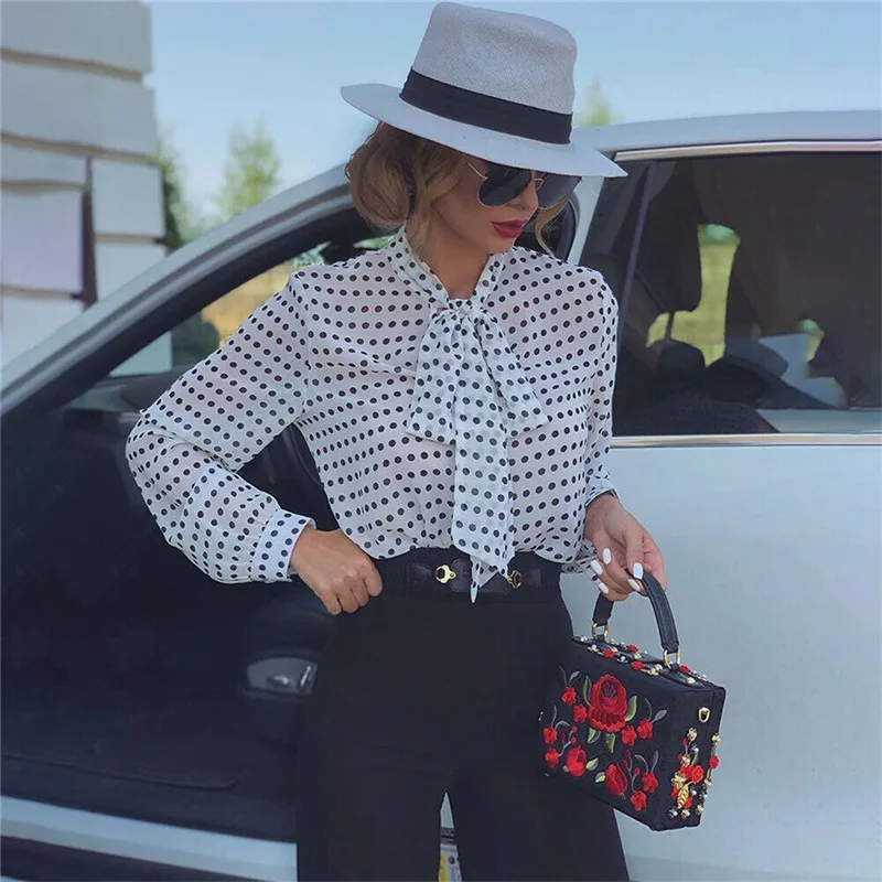 

2020 New Fashion Women OL Bow Neck Polka Dot Print Shirt Blouses Outwear Tops Ladies Casual Long Sleeve Blouse Loose Tee Tops