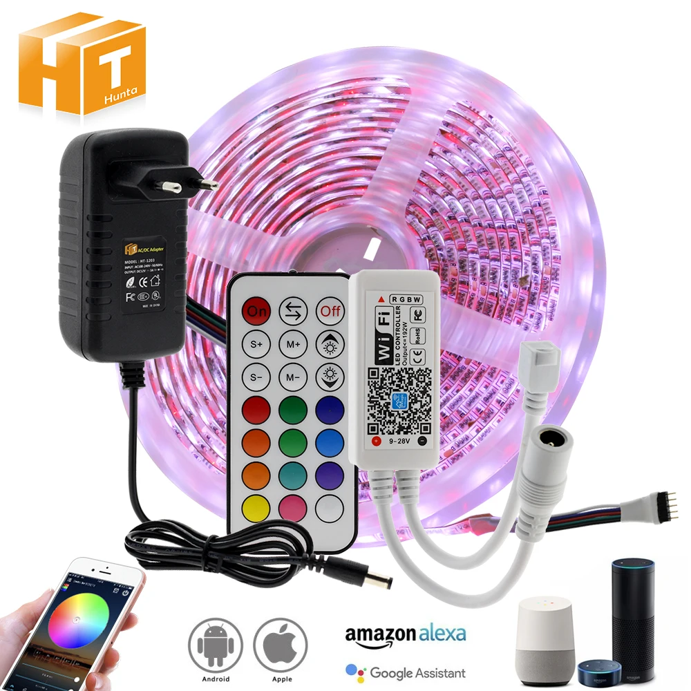 Koop WIFI Bluetooth RGB RGBW LED Strip Set DC12V LED Strip 5050 5m 300LEDs + WIFI Bluetooth controller + Power Adapter