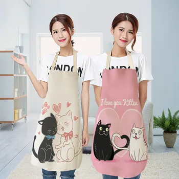 

1pcs European Style Halter Design Cotton Linen Aprons Anti-fouling Cartoon Cat Waterproof Housework Kitchen Supplies