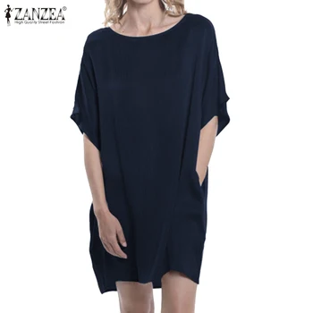 

ZANZEA 2020 Summer Dress Women Casual Long Shirt Dress Basic Plain Mini Sundress Short Vestidos Pockets Robe Kaftan Dresses 7