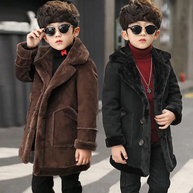 New 3-14 year old boys winter plush warm woolen coat, fashionable plaid high-quality children's woolen coat, boys casual jacket