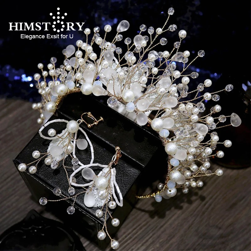 

Himstory White Handmade Pearl Bridal Tiaras Luxury Wedding Headbands Bridal Headpiece Prom Hair Jewelry Wedding Hair Accessories