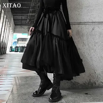 

XITAO Irregular Black Skirt Fashion New Women Pleated Plus Size Elastic Waist Patchwork 2019 Winter Ball Gown Skirt DMY1796