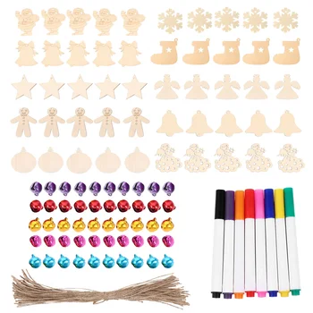 

158pcs Christmas Embellishment Unfinished Wooden Cutouts With Rope Bells Pen