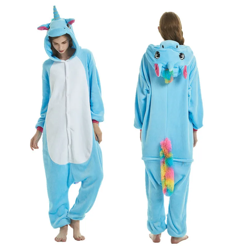 Пижама кигуруми с единорогом, для взрослых, с изображением панды, комбинезон для женщин, мужчин, пар,, зимняя Пижама, костюм для сна кегуруми, Фланелевая Пижама - Цвет: Blue Pegasus