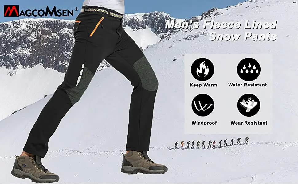 MAGCOMSEN Mens Winter Fleece Lined Pants 5 Zipper Pockets Water Resistant Snow Ski Hiking Pants