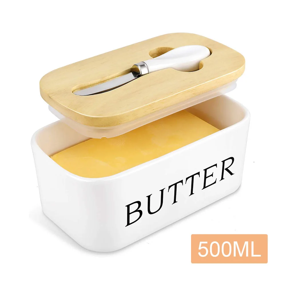 

Nordic Butter Sealing Box,Ceramic Butter Plate,White,with Wood Lid and Knife,Cheese Storage Tray Butter Dish Container Box