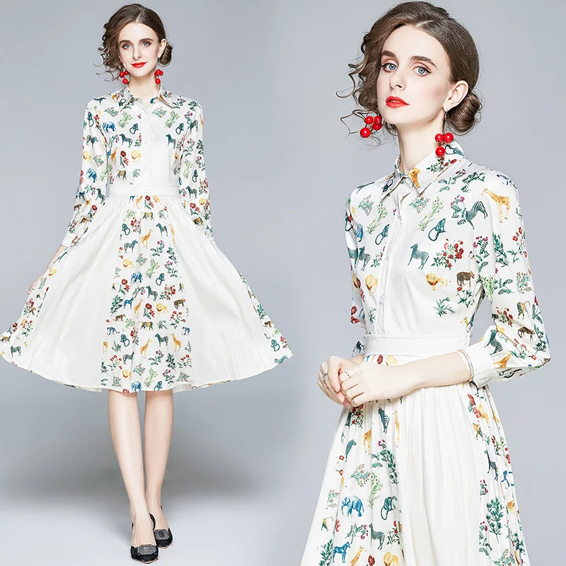 

ZUOMAN Women Autumn Elegant Print Dress Shirt High Quality Office Pleated Party Robe Femme Vintage Designer Casual Vestidos