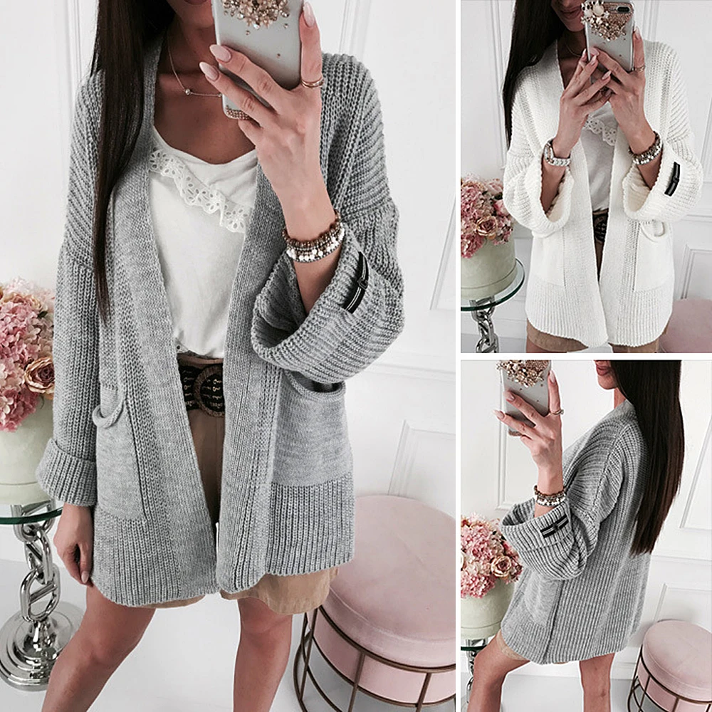 

2019 Autumn Long Knit Cardigan With Pocket Casual Solid Knitted Sweater Women Open Front Pull Femme Casaco Feminino Plus Size